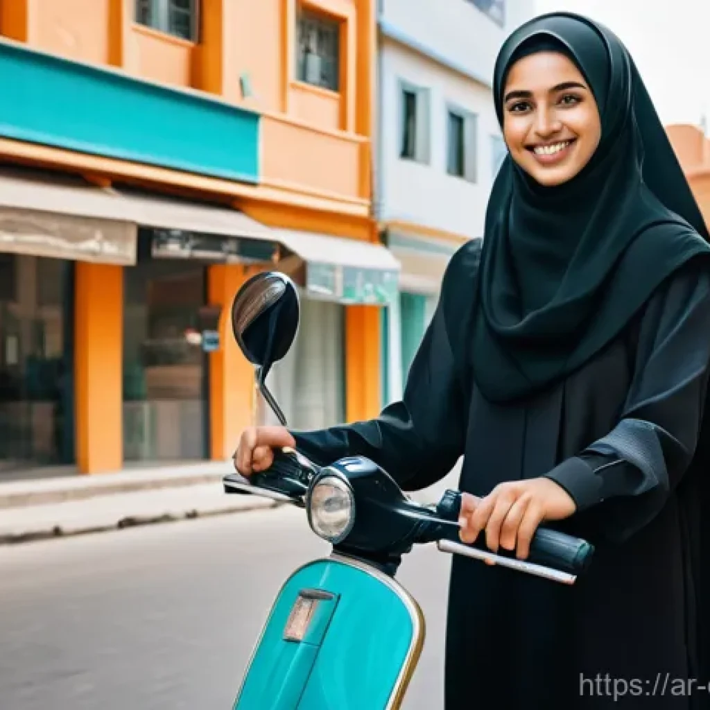 디지털 공유경제와 지역 경제의 관계 - **Prompt:** A vibrant, sun-drenched street scene in a modern Middle Eastern city. A young woman, dre...