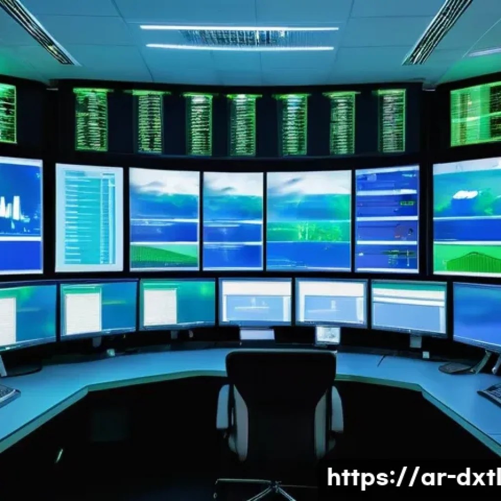 디지털 공유경제의 인프라 구축 - A modern digital infrastructure control room featuring large transparent screens displaying real-tim...