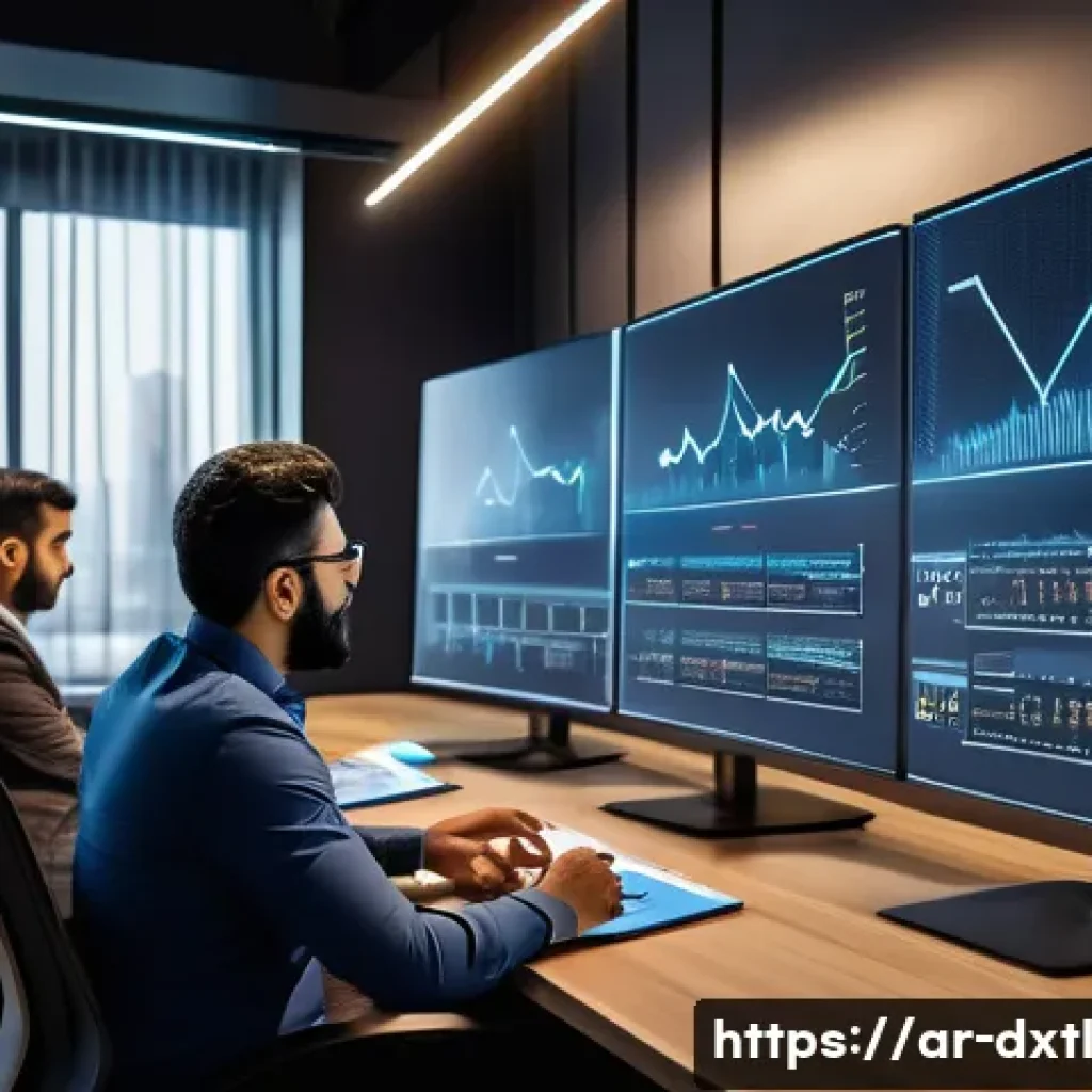 디지털 공유경제에서의 성과 측정 방법 - A detailed digital workspace scene showing a diverse team of Arab professionals analyzing big data o...