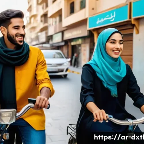 Home 33 디지털 공유경제의 경제적 기여도 평가 - A vibrant urban scene in a Middle Eastern city showing diverse young Arabic men and women engaging i...
