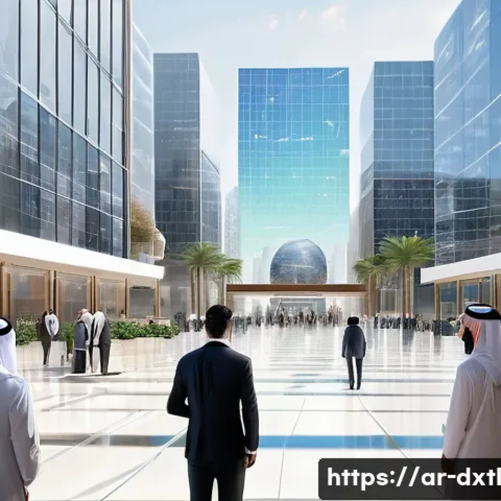 디지털 공유경제와 블록체인의 연관성 - A futuristic digital marketplace scene set in a bustling Middle Eastern city, featuring diverse Arab...