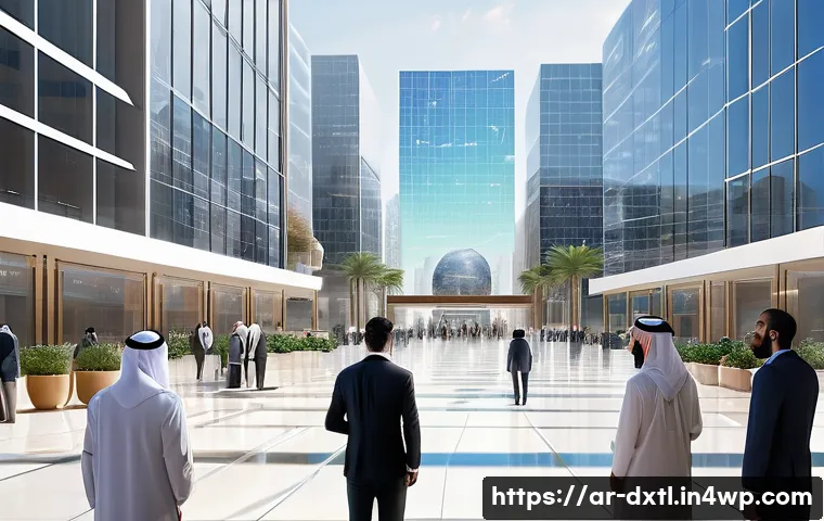 디지털 공유경제와 블록체인의 연관성 - A futuristic digital marketplace scene set in a bustling Middle Eastern city, featuring diverse Arab...