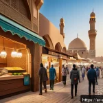 Home 19 디지털 공유경제의 시장 진입 전략 - A vibrant digital marketplace scene set in a Middle Eastern urban environment, showcasing diverse Ar...