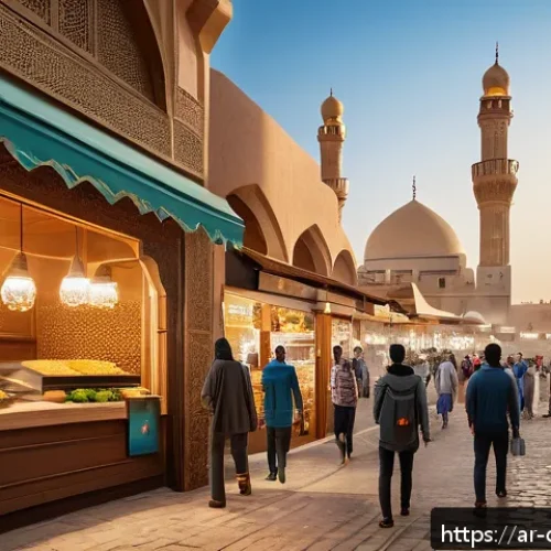 Home 31 디지털 공유경제의 시장 진입 전략 - A vibrant digital marketplace scene set in a Middle Eastern urban environment, showcasing diverse Ar...