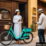 Home 18 디지털 공유경제의 생태계 이해하기 - A vibrant urban scene in a Middle Eastern city featuring diverse Arabic people using digital sharing...