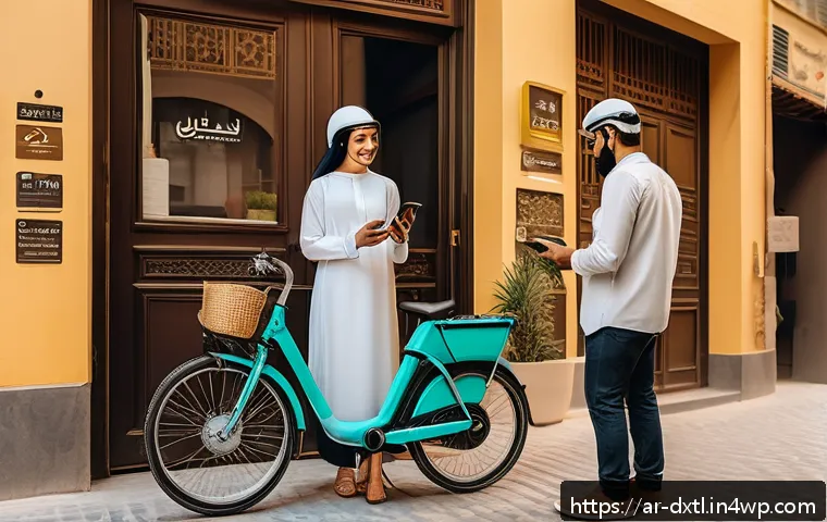 디지털 공유경제의 생태계 이해하기 - A vibrant urban scene in a Middle Eastern city featuring diverse Arabic people using digital sharing...